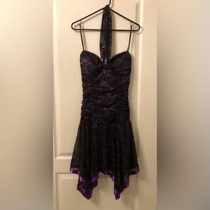 Deb Open Back Black and Purple Glitter Tie Dress
